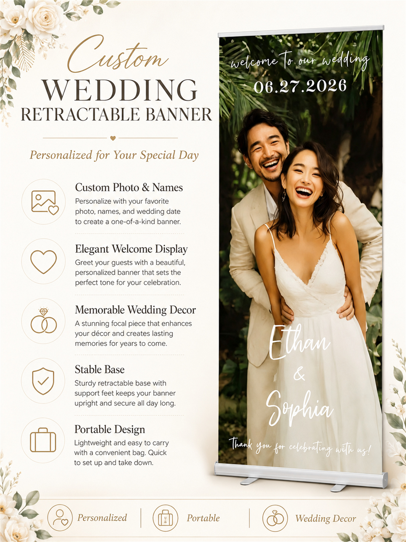 婚礼定制伸缩横幅 – 个性化婚礼欢迎牌、接待装饰和背景幕布